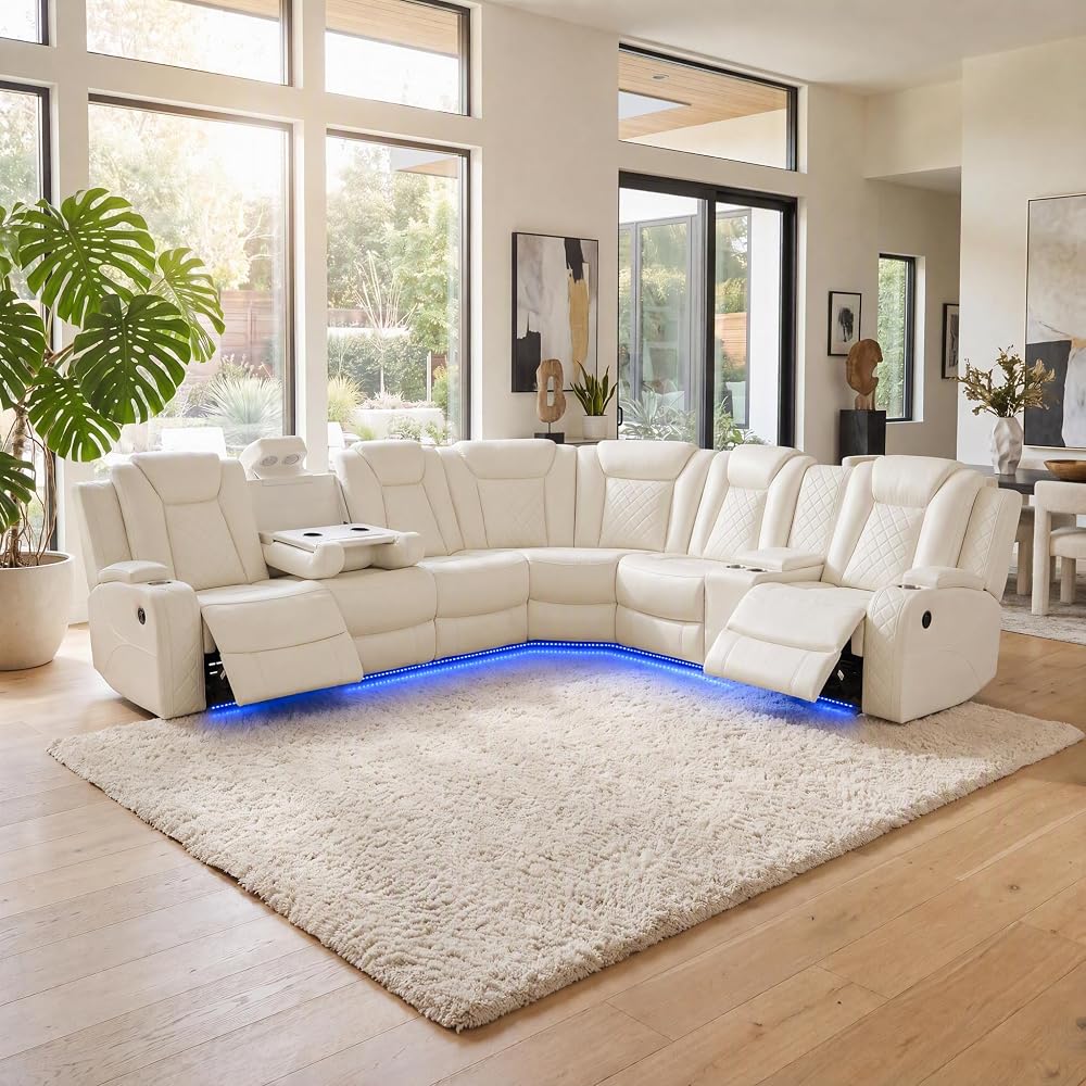 Power Reclining Living Room Sofa Furniture Set, Leather Reclining Couch with LED Ambient Light, Home Theater Seating with USB Ports/Wireless Power, Storage Console & Cup Holders, Beige