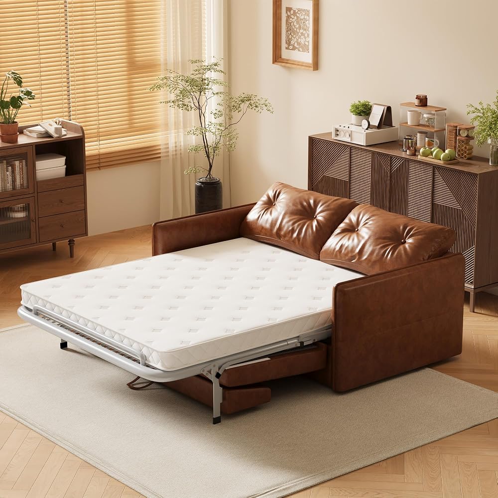 55.9” Convertible Mid Century Morden Pull-Out Sofa Bed, Sleeper Sofa with Storage Chaise, Velvet Upholstered 2-in-1 Sofa Couch, Loveseat for Living Room, Guest Room & Apartment, Brown