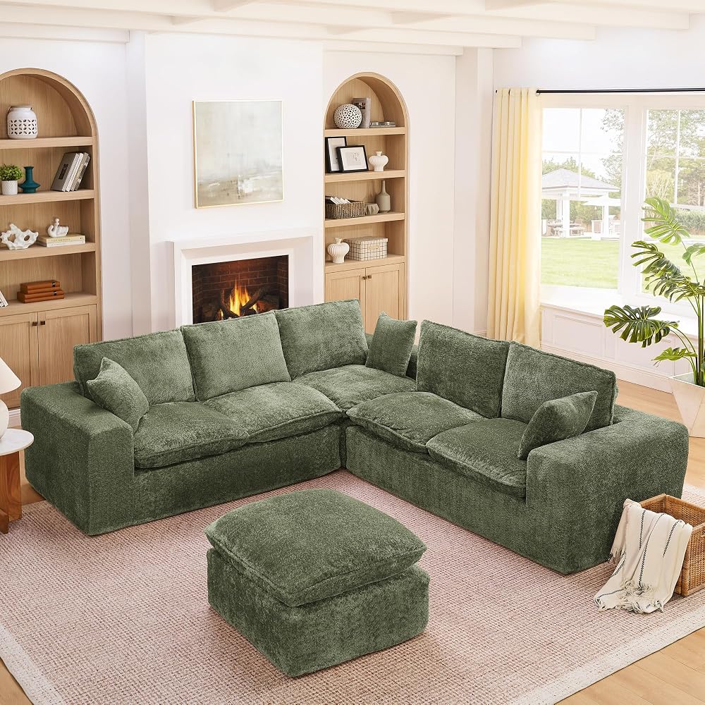 107" L-Shaped Oversized Boucle Modular Sectional Sofa with 1 Ottomans and Pillows, 6-Seater Upholstered Boneless Comfy Cloud Couch, DIY Combination, No Assembly Required, for Living Room, Green
