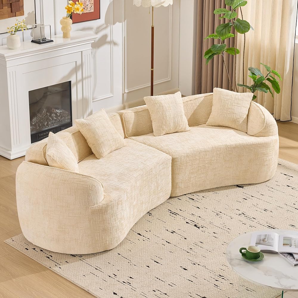 109'' Modern Curved Sectional Sofa, Luxury Plush Chenille Upholstered Couch, Comfy Cloud Compressed Sofa with 4 Pillows for Living Room Apartment Office, No Assembly Needed, Beige