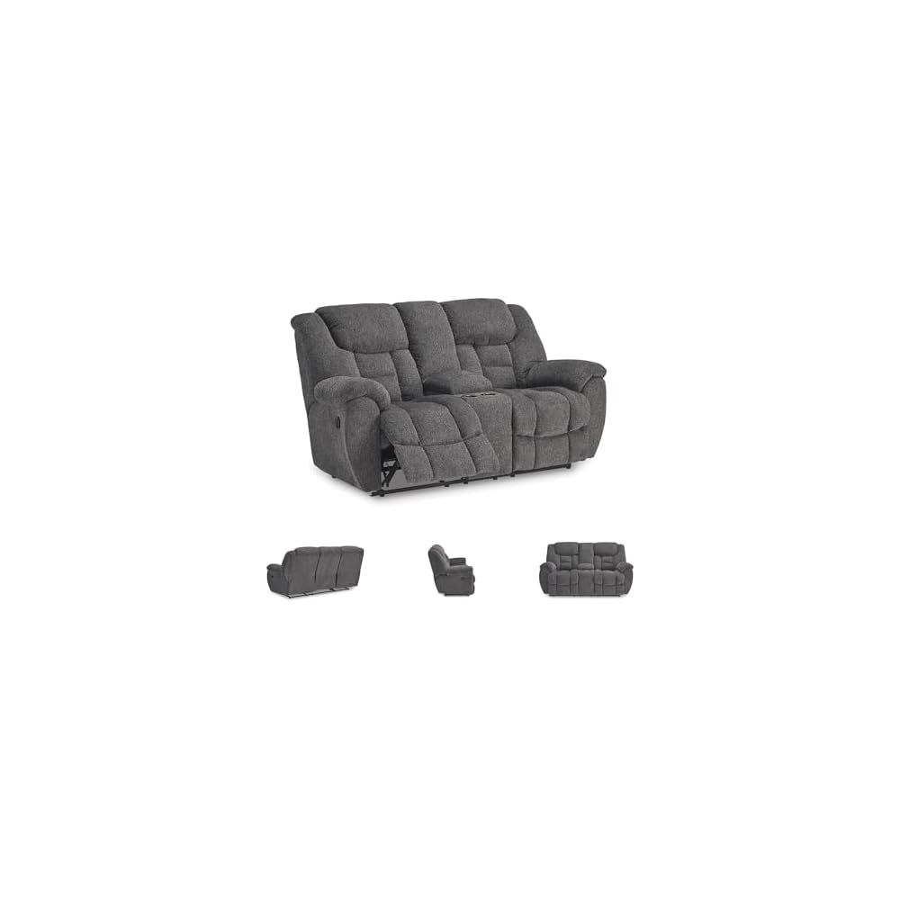 Foreside Contemporary Stain Resistant Manual Double Reclining Loveseat with Console, Storage and Cup Holders, Gray