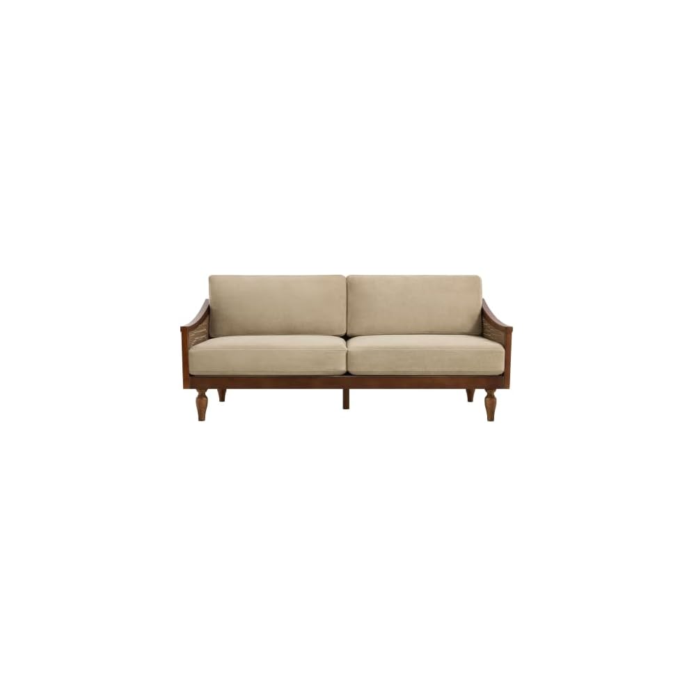 Harper Mid-Century Loveseat Sofa Couch, 2-Seater Lounge Sofa with Rattan Armrests and Wooden Legs, Chenille Upholstered Couches for Living Room, Walnut + Light Brown