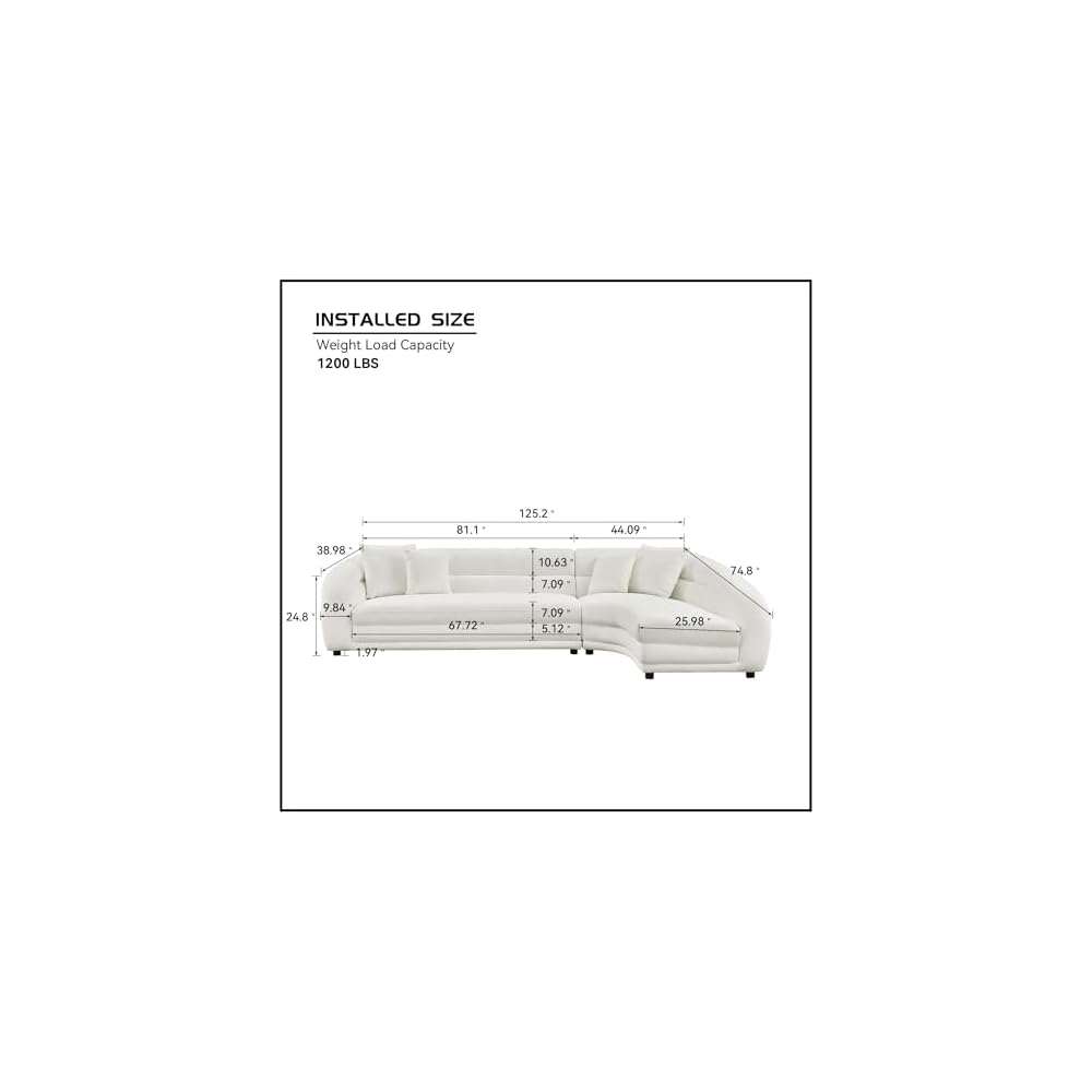 125" Curved Oversized Boucle Modular Sectional Sofa with Right Chaise, Upholstered 4-Seater Comfy Couch with 40D High-Density Rebound Foam & 4 Pillows, Easy Assembly, for Living Room, White