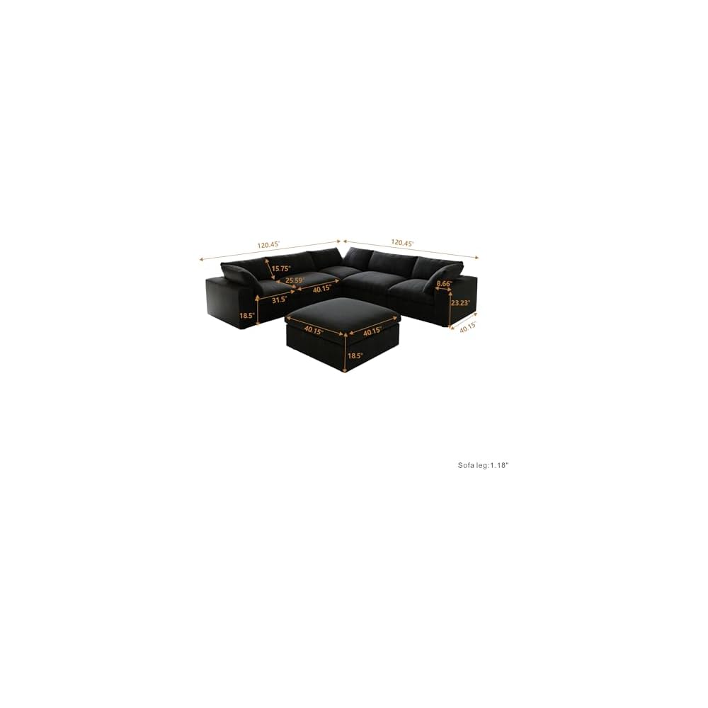 Cloud Couch Modular Sectional Sofa with Storage Ottomans,160.6" Down Filled 6 Seater Convertible Sectional Sofas,V Shaped Black Couch for Living Room,Covers Washable&Replaceable