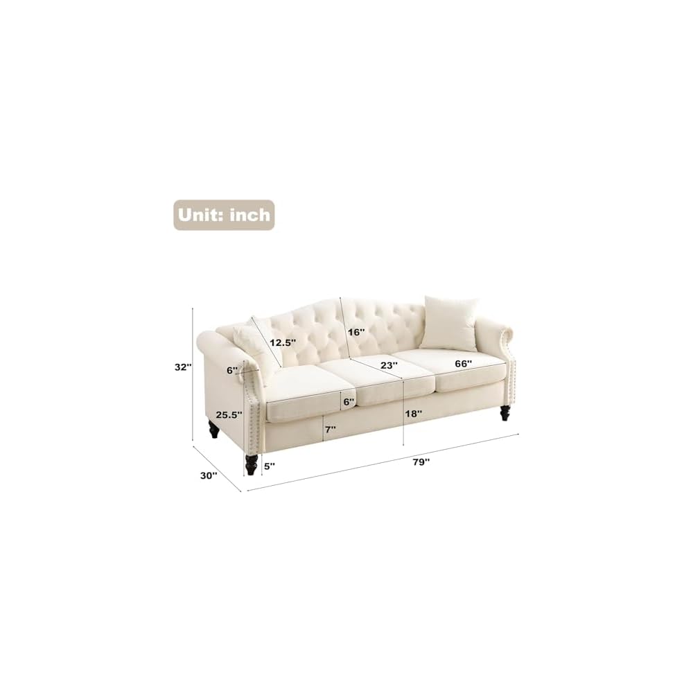 Chesterfield Sofa Couch Set for Living Room, 79" 3 Seater + 57" Loveseat Velvet Tufted Couch, Mid Century Traditional Couches with Metal Legs, 4 Pillows, Rolled Arms & Nailhead for Bedroom, Beige