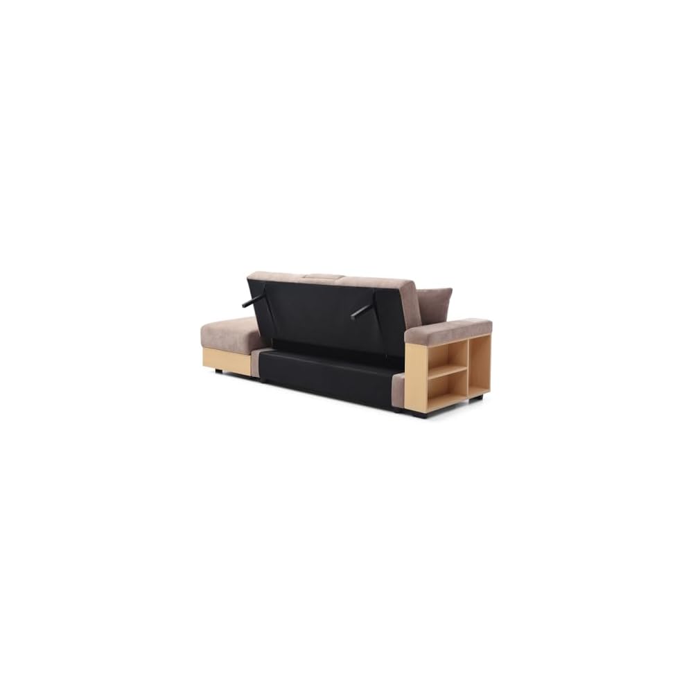 Convertible Sleeper Sofa Bed, Light Brown, With Storage and Cup Holders