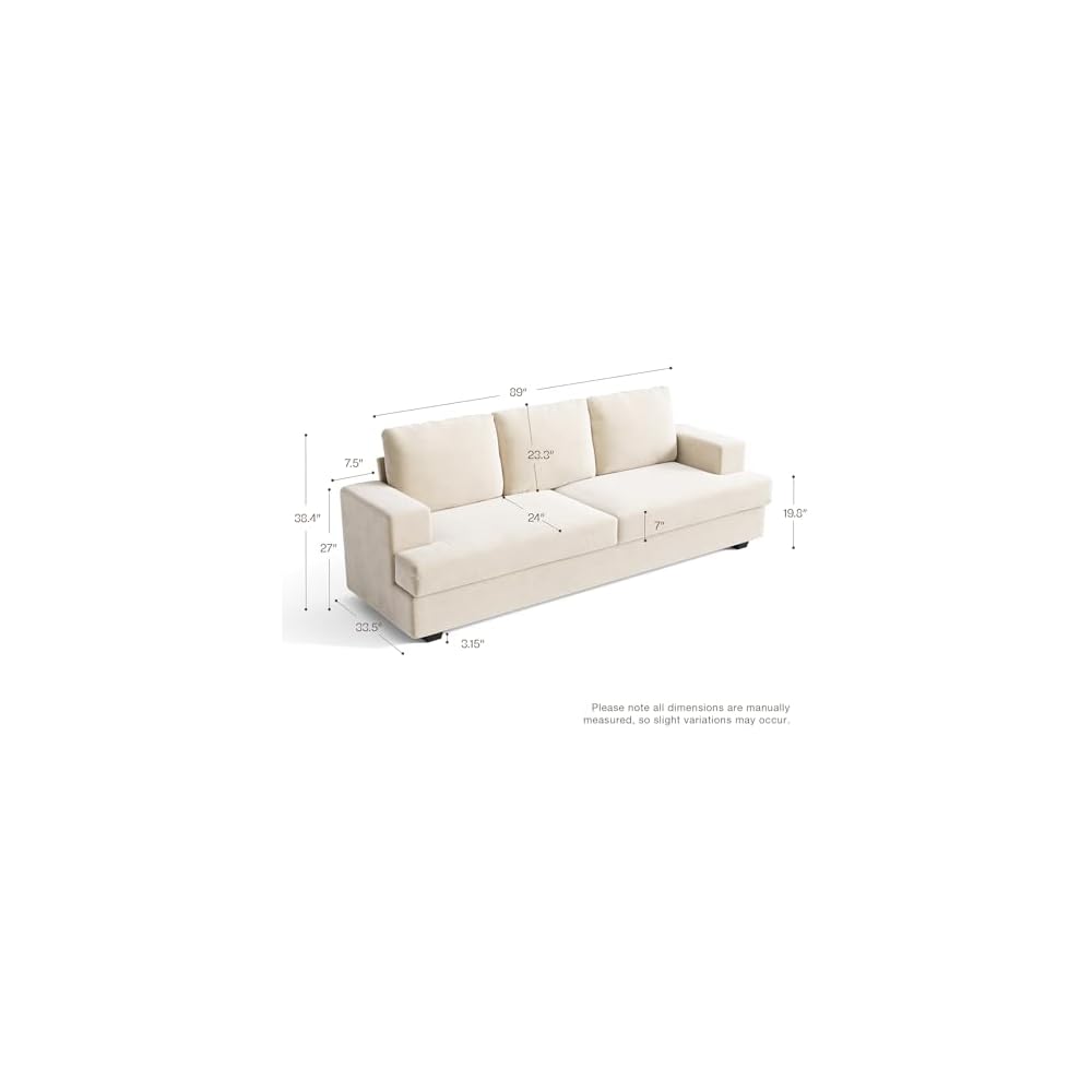 89" Cream White Couches for Living Room, 3 Seater Couch with Deep Seat, Oversized Loveseat Sofa for Apartment and Small Spaces