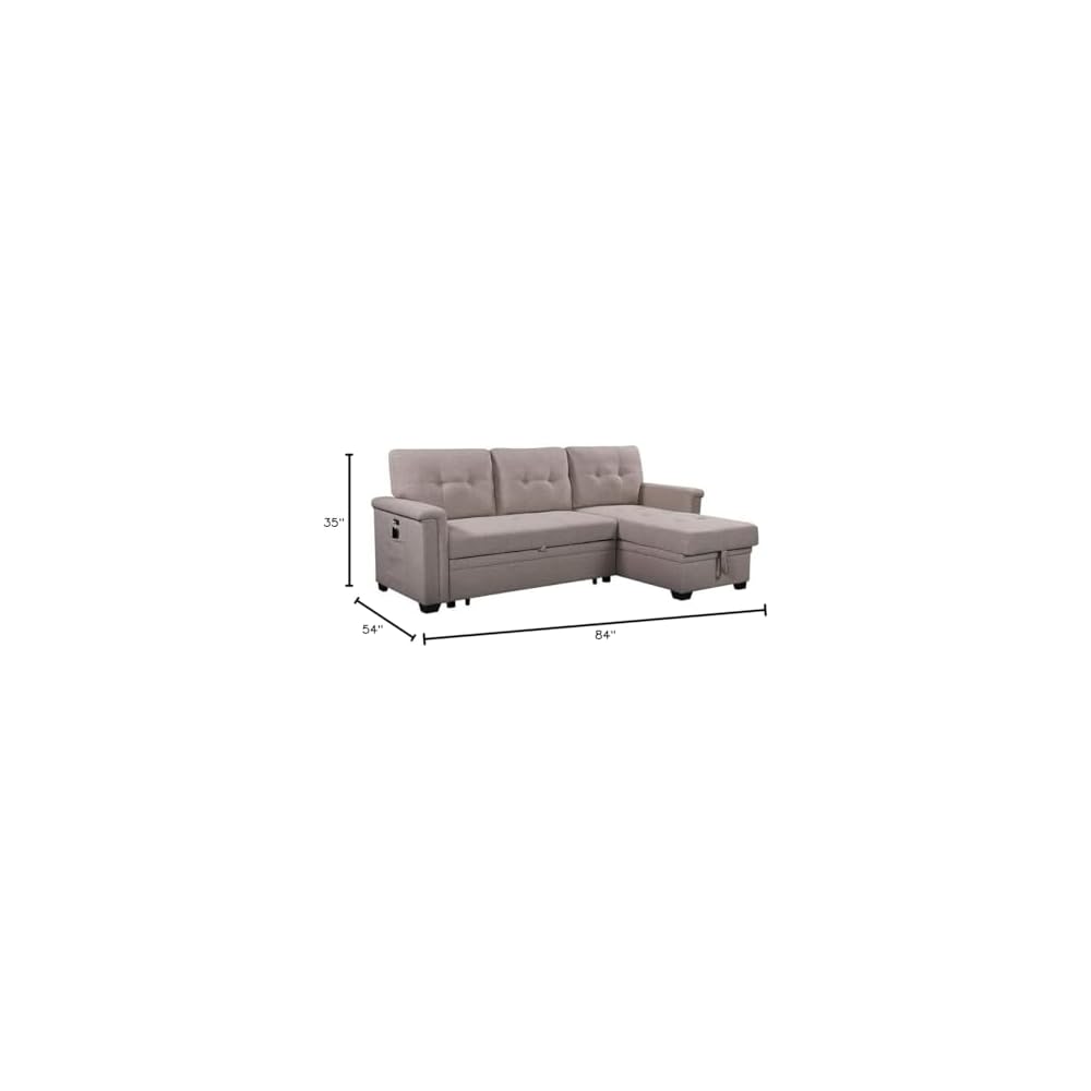 Convertible Sleeper Sofa Bed 84 Inch, L Shaped Sectional Couch with Pull Out Bed, USB Charging Ports, Storage Chaise for Living Room, Office, Linen Fabric, Light Gray