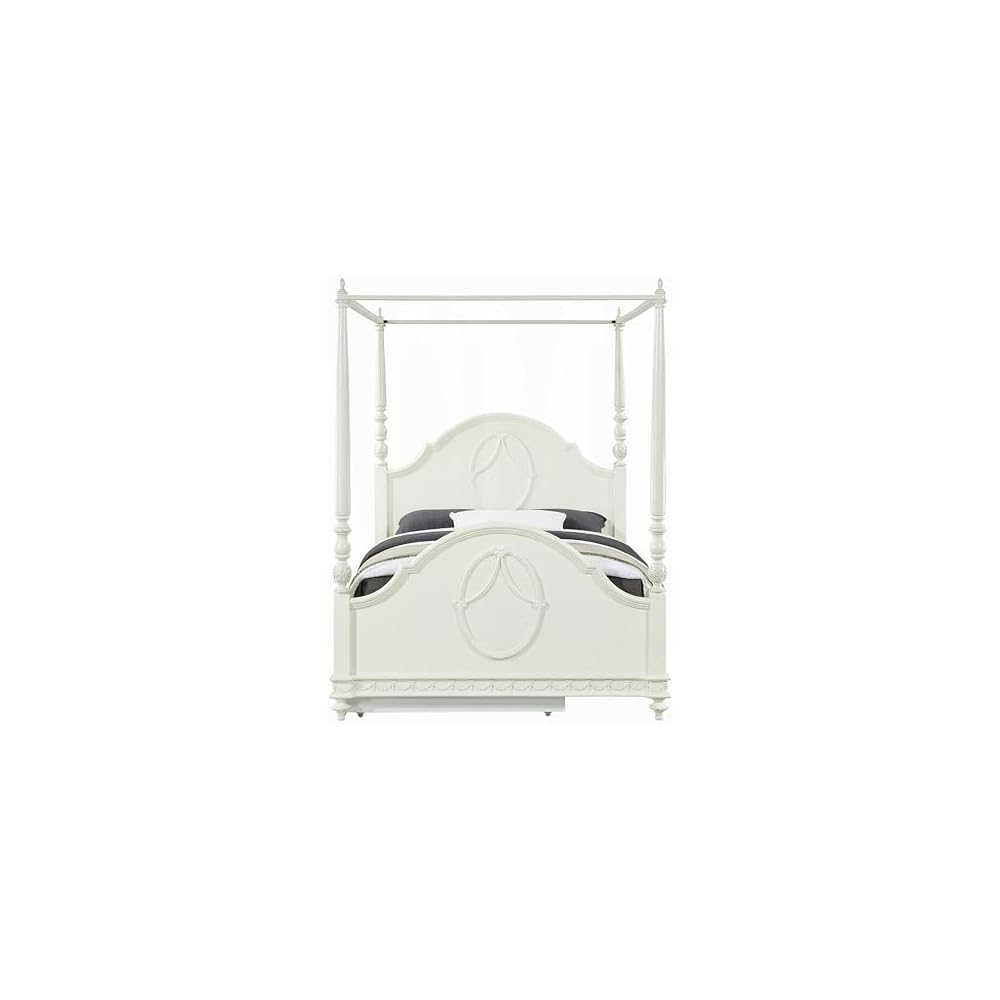 Dorie Full Size Poster Bed, Embossed Floral and Oval Molding, Ivory
