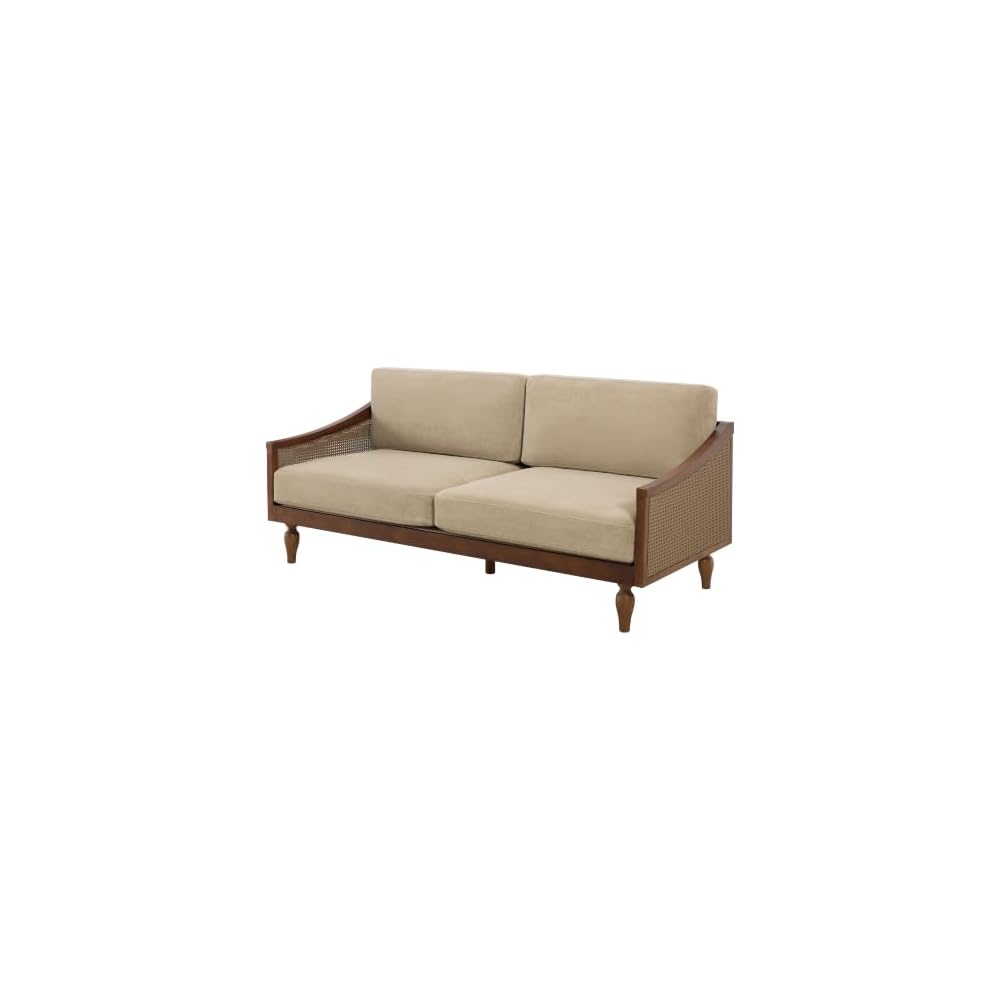Harper Mid-Century Loveseat Sofa Couch, 2-Seater Lounge Sofa with Rattan Armrests and Wooden Legs, Chenille Upholstered Couches for Living Room, Walnut + Light Brown