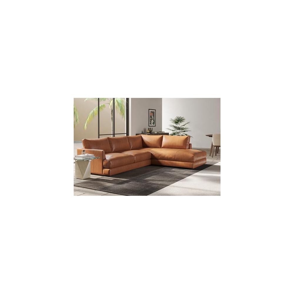 Valencia Serena 108" Full Leather Sectional Sofa with Right Bumper | Nappa 11000 Leather, Modern Low Profile Lounge Sofa | L Shaped Couch for Living Room Furniture, Cognac