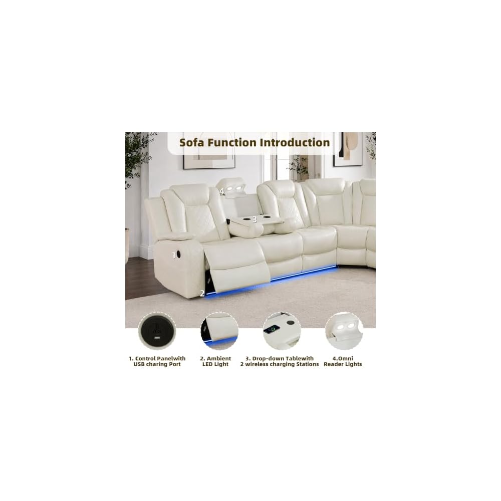 Power Reclining Living Room Sofa Furniture Set, Leather Reclining Couch with LED Ambient Light, Home Theater Seating with USB Ports/Wireless Power, Storage Console & Cup Holders, Beige