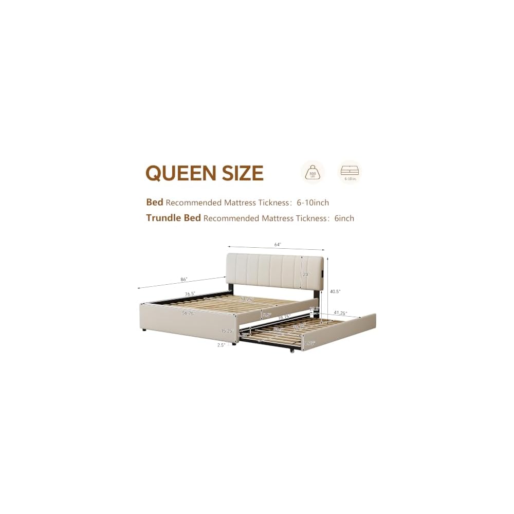 Queen Size Upholstered Platform Bed with Pull-Out Trundle Bed