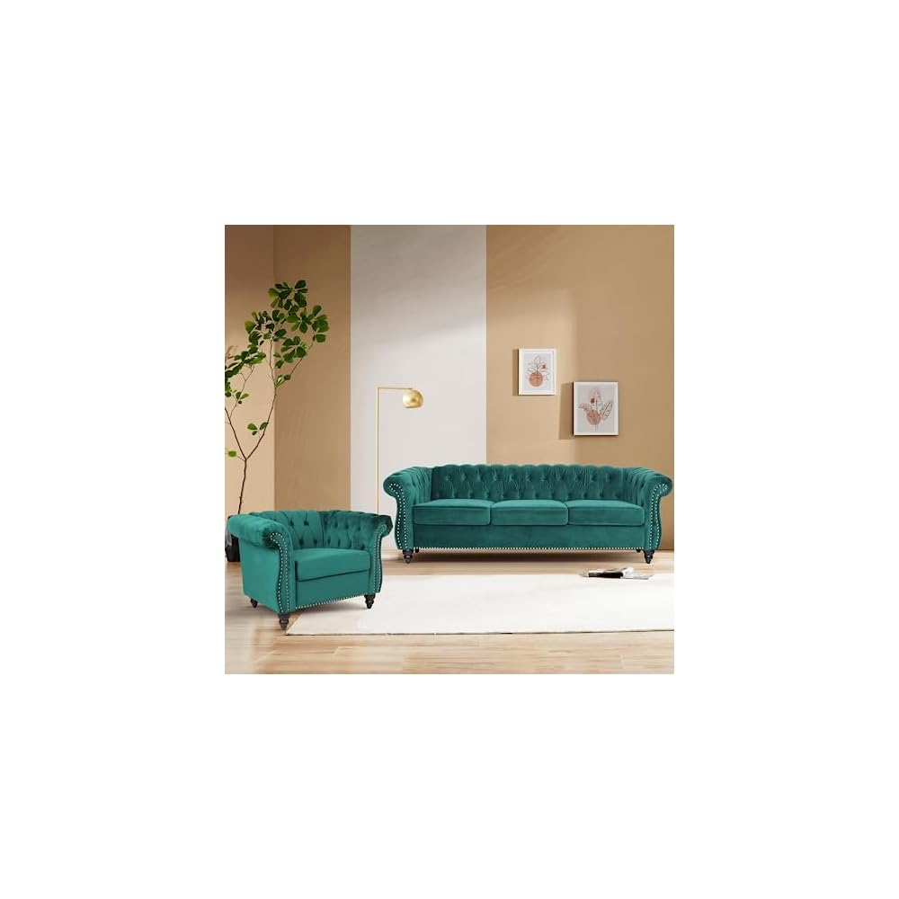 Home Sofa Living Room Furniture, 3 Seater 84" Velvet Upholstered Couch, Mid Century Modern Comfy Couch with Cushions, Classic Tufted Chesterfield Couches for Bedroom, Office, Apartment (Green)