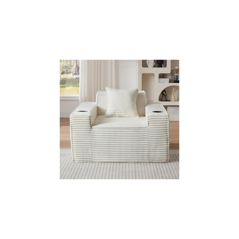 43.3" Boneless Chair for Living Room, 1 Seater Cloud Sofa with Sidepockets & Cupholders, Corduroy Floor Chair with Pillows Modern Singles Sofa Chair for Living Room, Small Space, White