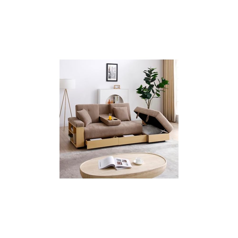 Convertible Sleeper Sofa Bed, Light Brown, With Storage and Cup Holders