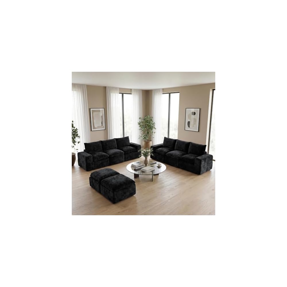 130" U Shaped Modular Sectional Sofa, 8 Seat Cloud Couch, Black