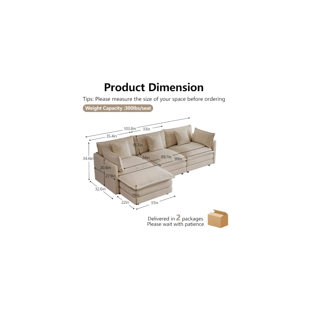 103.8" L-Shaped Modular Sectional Couch with Ottoman, Cloud Sofa