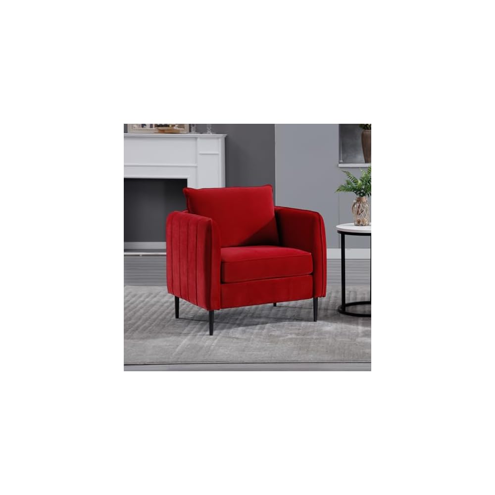 Modern Velvet Accent Chair, Single Sofa Chairs Armchair with Square Arm, Upholstered Accent Chairs for Living Room, Bedroom, Apartment (Burgundy Chair)