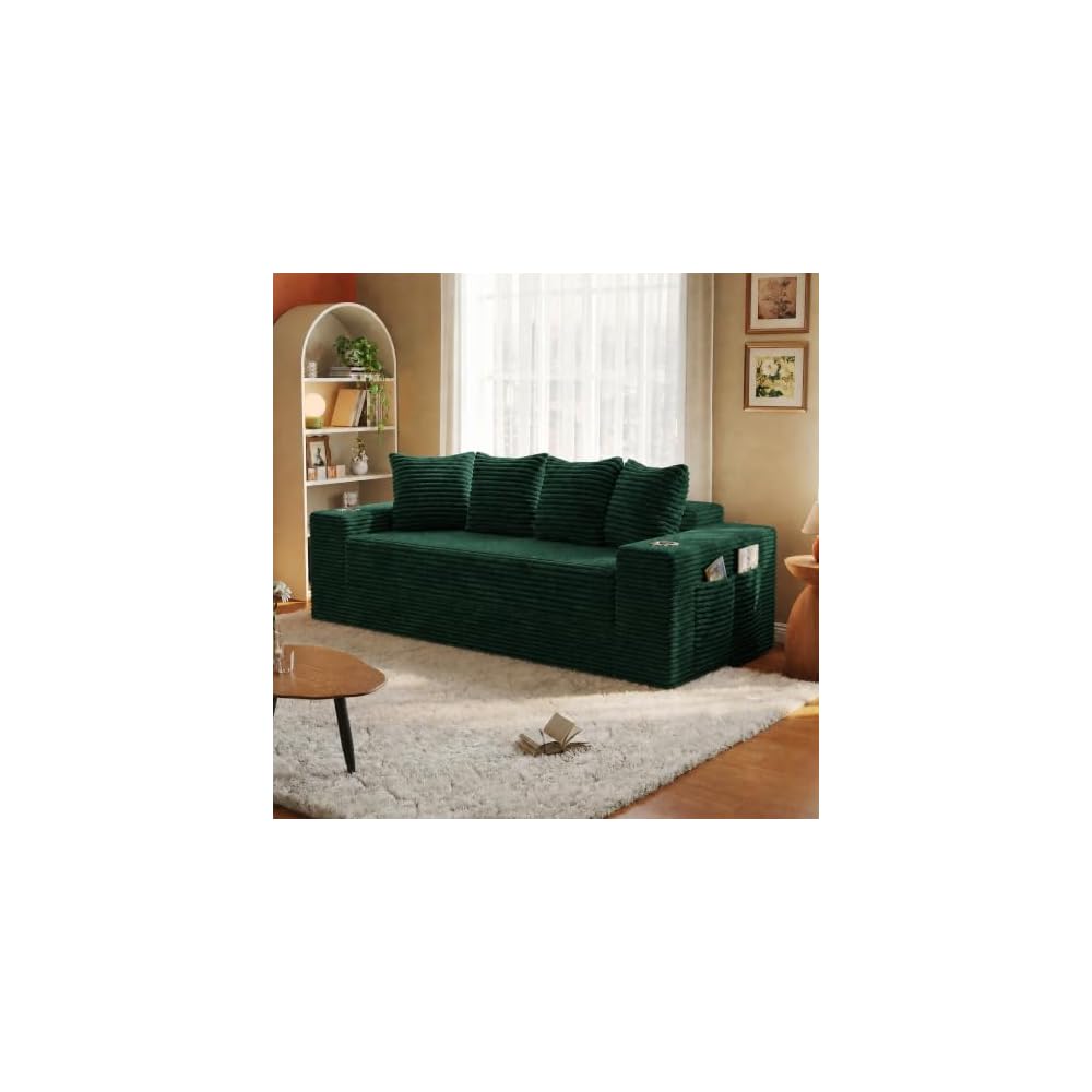 77 Inch Convertible Boneless Sleeper Sofa Bed, Modular Foldable Floor Couch, Corduroy Fabric, Memory Foam Comfy Loveseat for Living Room with Cup Holders & Pocket, Assembly Free, Green