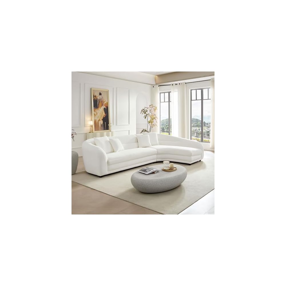 125" Curved Oversized Boucle Modular Sectional Sofa with Right Chaise, Upholstered 4-Seater Comfy Couch with 40D High-Density Rebound Foam & 4 Pillows, Easy Assembly, for Living Room, White