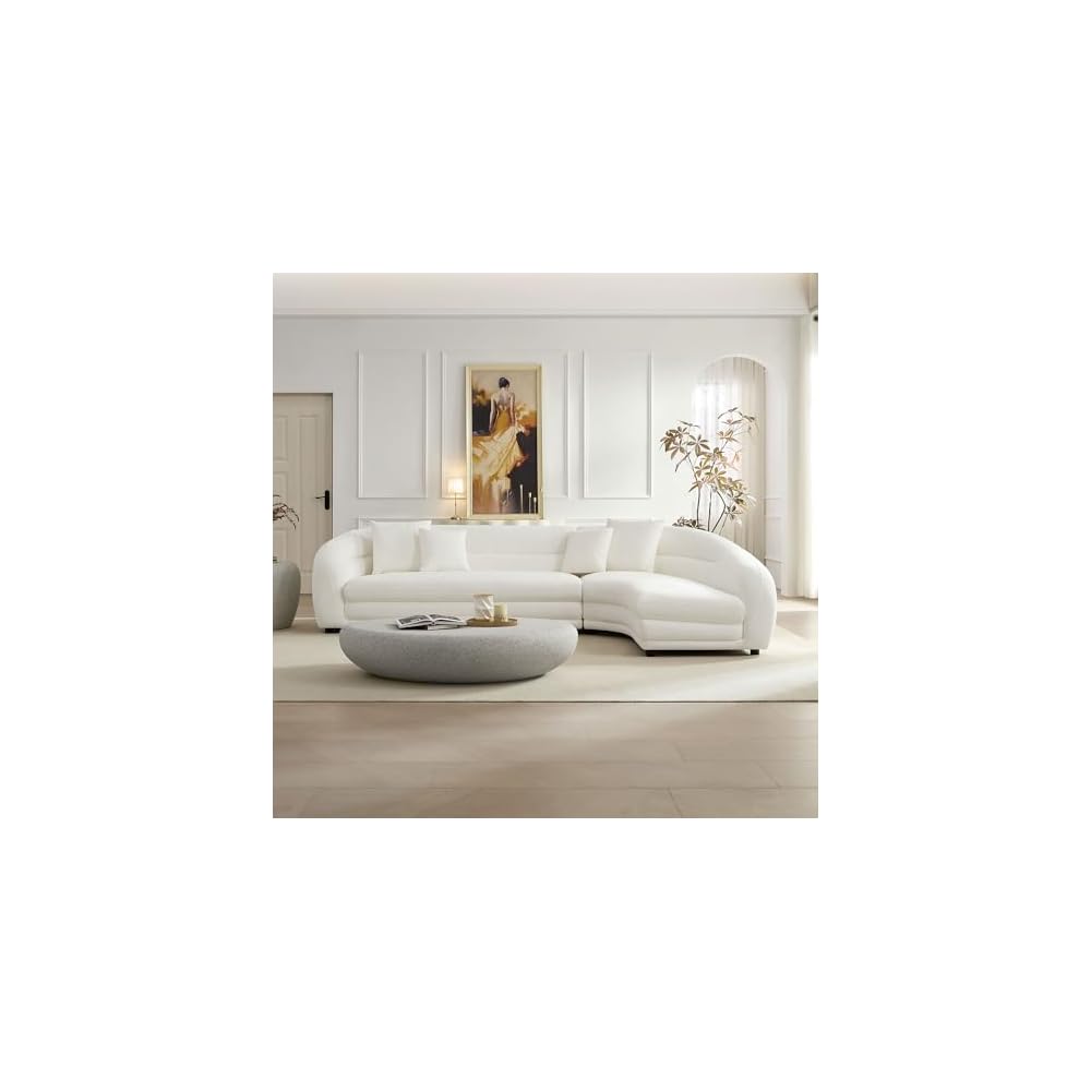 125" Curved Oversized Boucle Modular Sectional Sofa with Right Chaise, Upholstered 4-Seater Comfy Couch with 40D High-Density Rebound Foam & 4 Pillows, Easy Assembly, for Living Room, White