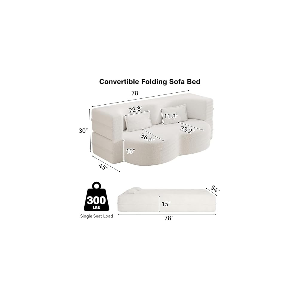 78" Convertible Folding Sofa Bed, Full Size Floor Sleeper Sofa with 2 Pillows, Foam Futon Loveseat Couch for Living Room Apartment Office, Boneless Couch No Assembly Required, (Teddy, Beige/White)
