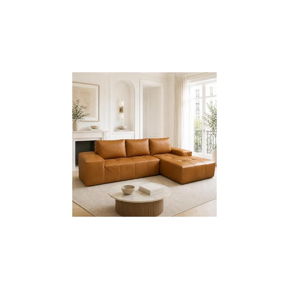 Boneless Faux Leather Sectional Couches 114”, Modular Sofa for Living Room