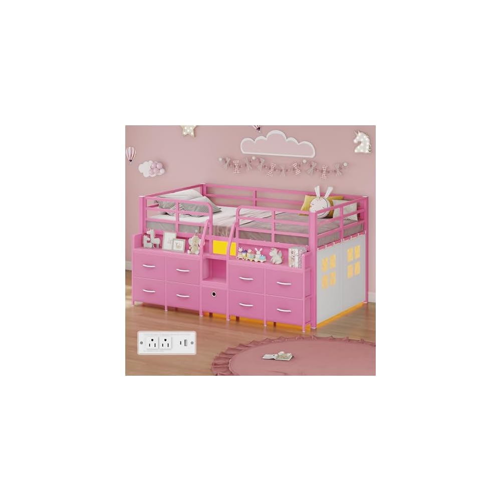 Low Loft Bed Twin Size with 9 Storage Drawers for Kids, Pink