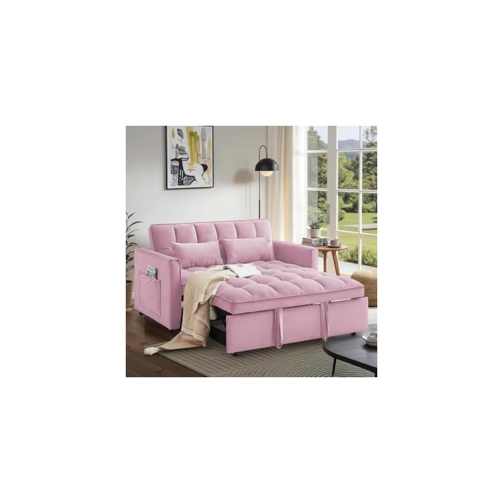 3 In 1 Velvet Convertible Sofa Bed, Pull Out Couch Bed with Reclining Backrest And 2 Pillows, 54" Full Size Loveseat Sleeper Sofa Futon Couch Bed, Couches For Small Spaces, Living Room (Pink)