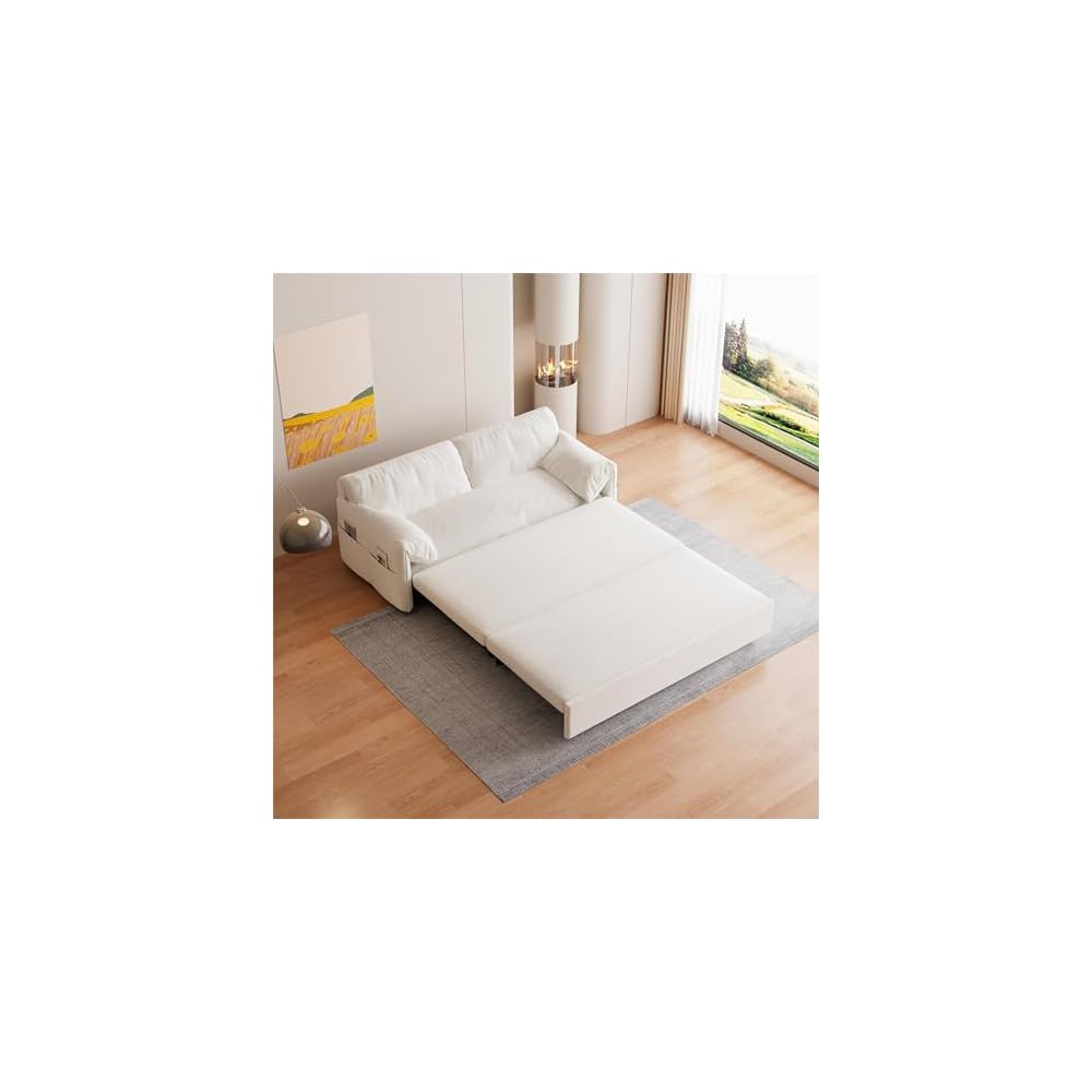 63.8" Convertible Sleeper Sofa,3-in-1 Queen Pull Out Couch with Side Pockets,Multi-Functional Velvet Loveseat Bed for Living Room,Bedroom,Apartment,Office,Beige