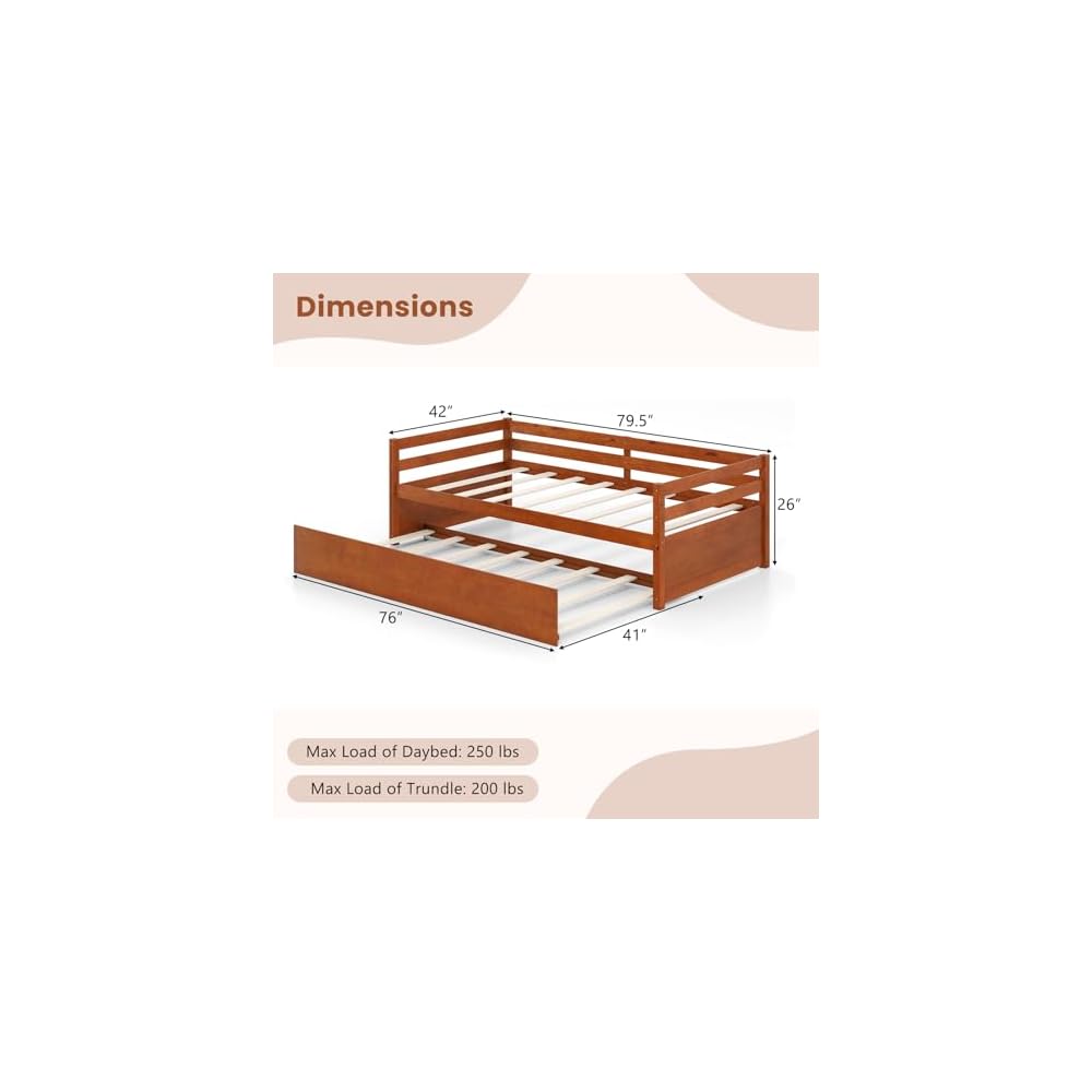 Twin Daybed with Trundle, Wood Trundle Bed with Wood Slat Support, Mid Century Day Bed Frame for Living Room Guest Room, No Box Spring Needed, Walnut