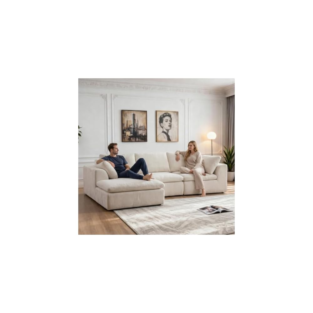 Boneless Sectional with Chaise, 110" L-Shaped Cloud Couch for Living Room, Deep Seat Chenille Floor Sofa, Frameless Modular Lounge Set (Beige, Left Facing Chaise)