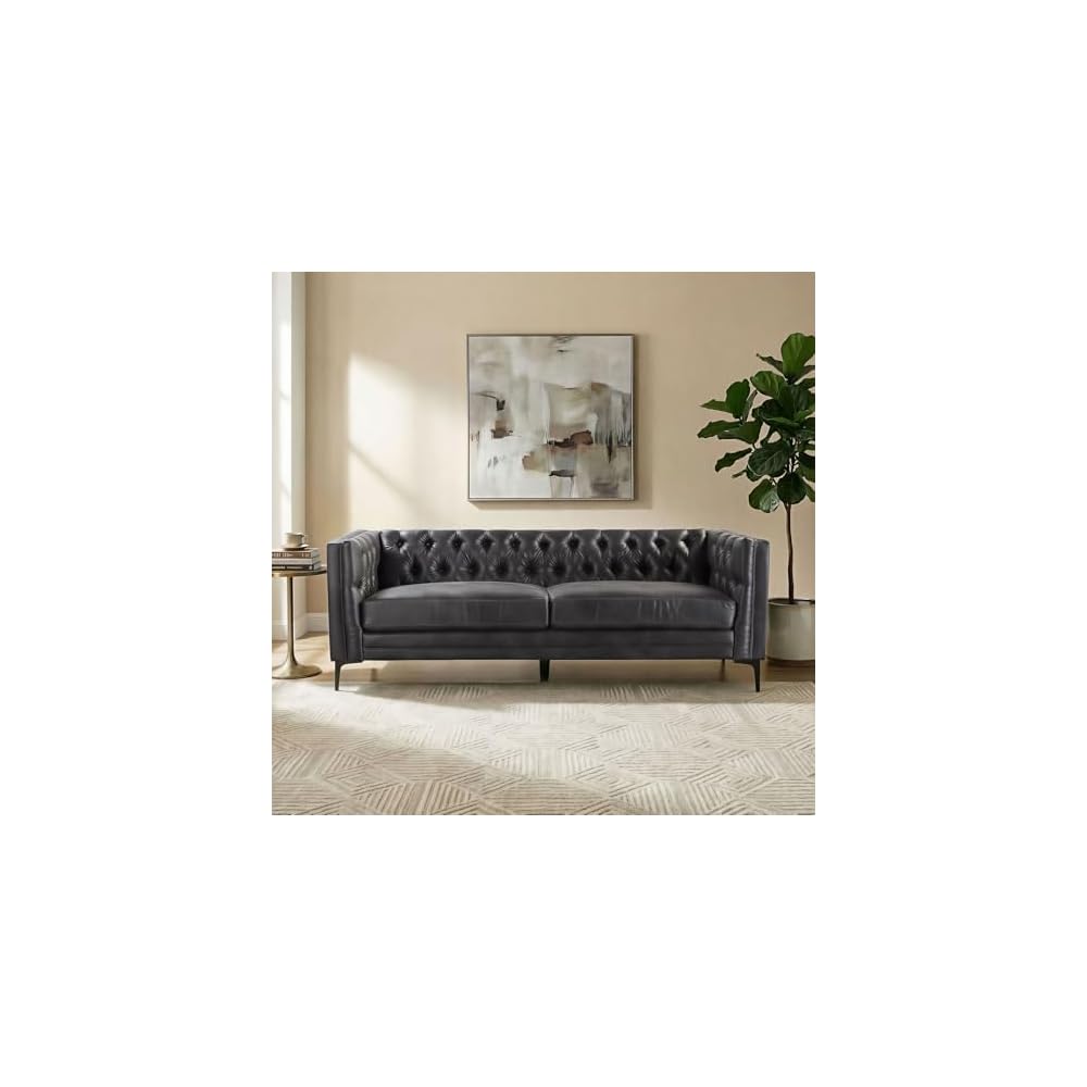 84" Faux Leather Sofa, Modern Upholstered 3 Seater Sofa with Metal Legs, Mid Century Modern Couches for Living Room, Entertainment Area, Apartment