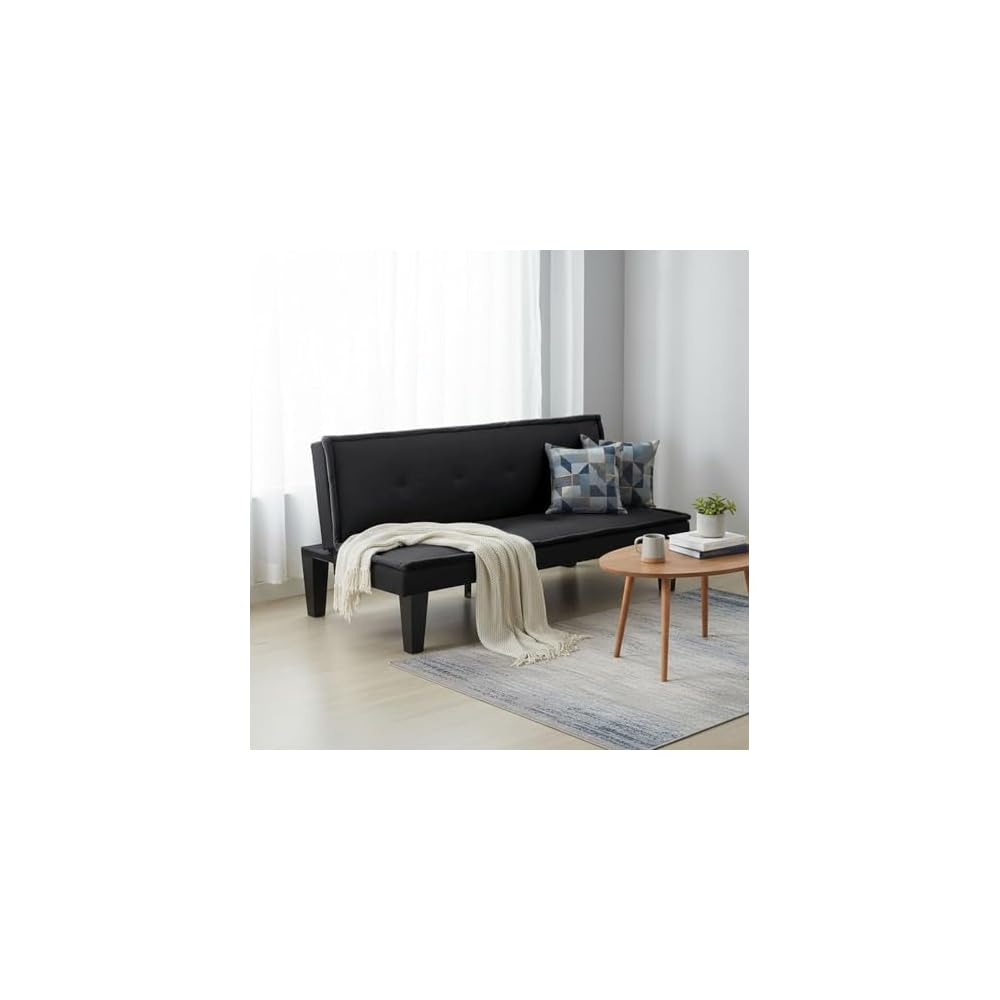 62.99" Faux Suede Futon Sofa Bed, 5‑Position Adjustable Backrest, Convertible Sleeper Couch, Suitable for Living Rooms & Offices, Black