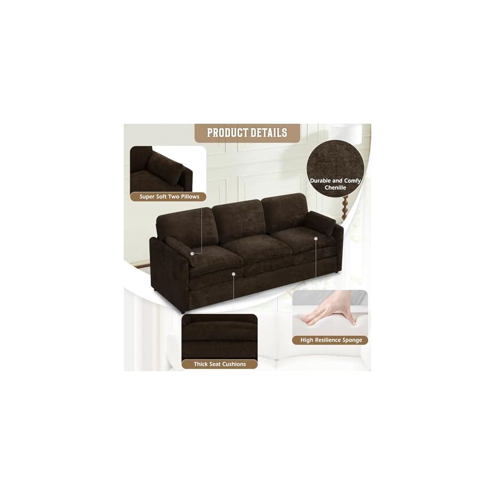 89" Chenille Modern Sofa w/Plump Backrests, Brown