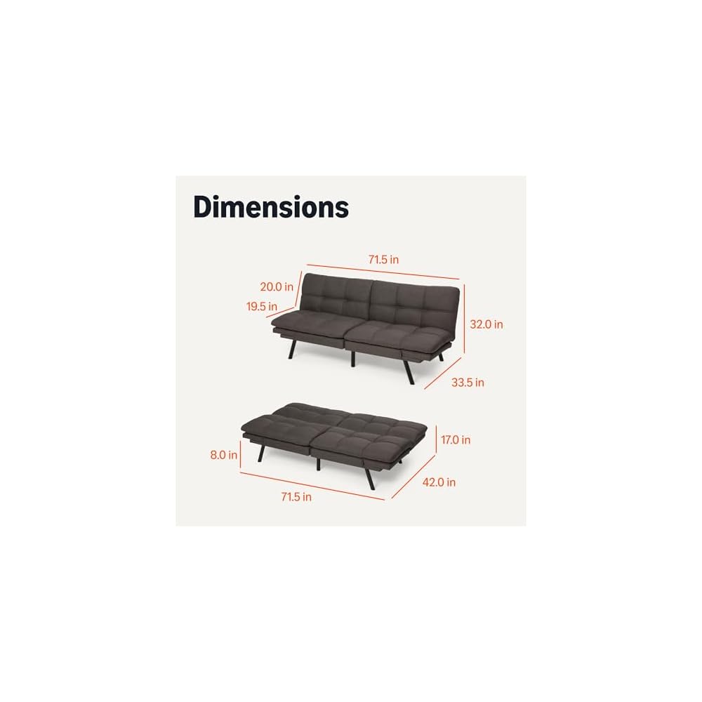Futon Sofa Bed, Convertible Memory Foam Sofa Couch with Adjustable Positions for Small Living Room, Office, Apartment, Dark Grey Linen Fabric
