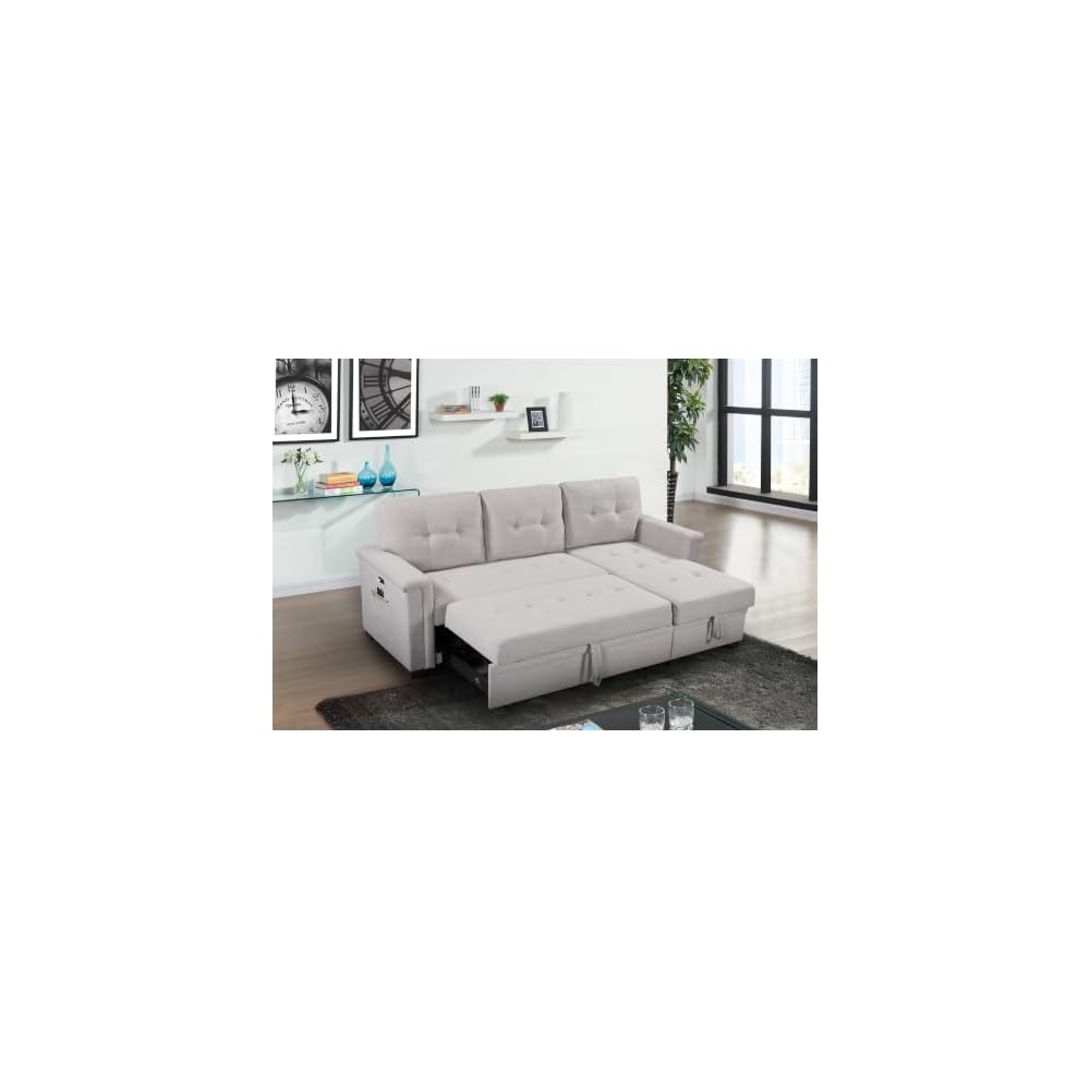 Convertible Sleeper Sofa Bed 84 Inch, L Shaped Sectional Couch with Pull Out Bed, USB Charging Ports, Storage Chaise for Living Room, Office, Linen Fabric, Light Gray