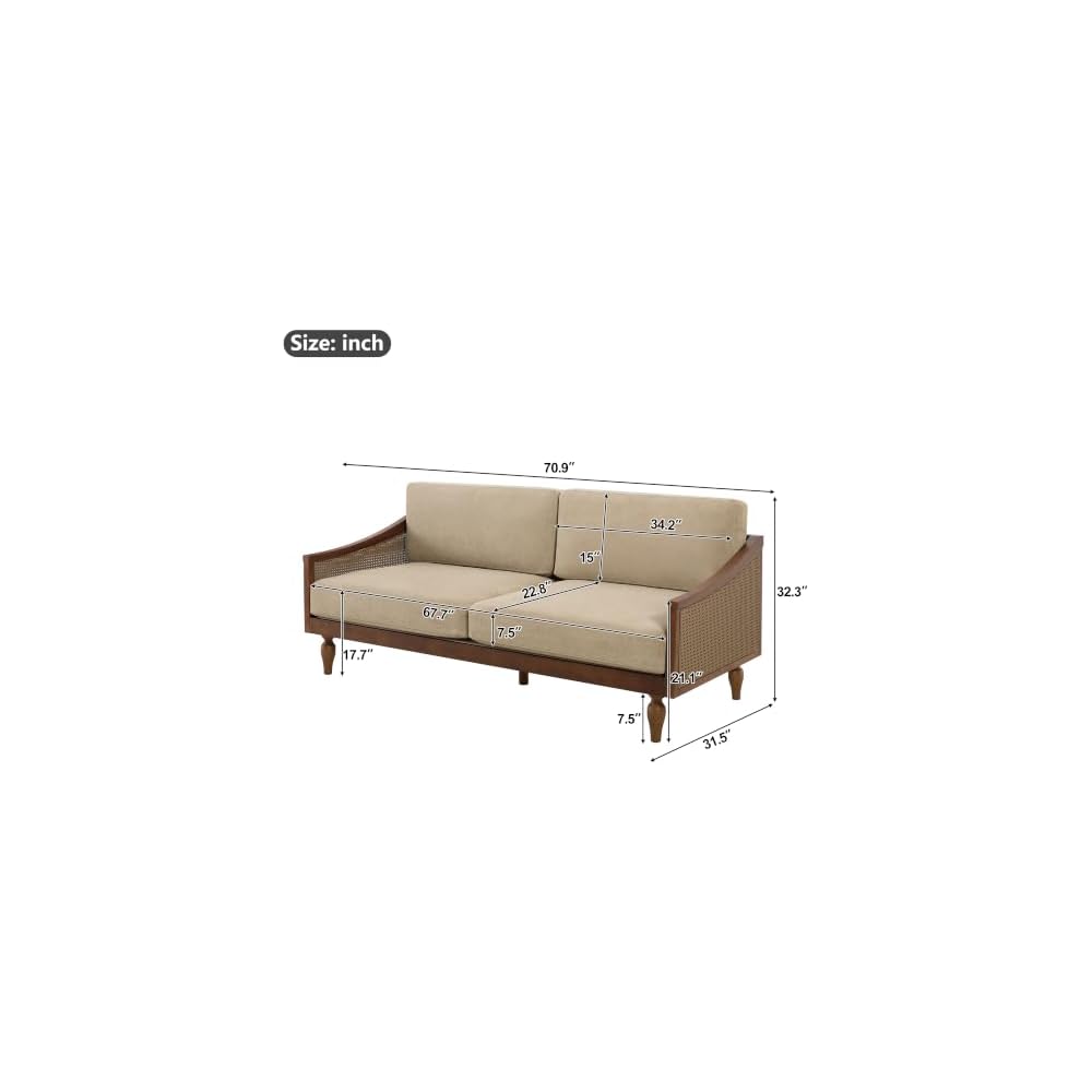 Harper Mid-Century Loveseat Sofa Couch, 2-Seater Lounge Sofa with Rattan Armrests and Wooden Legs, Chenille Upholstered Couches for Living Room, Walnut + Light Brown