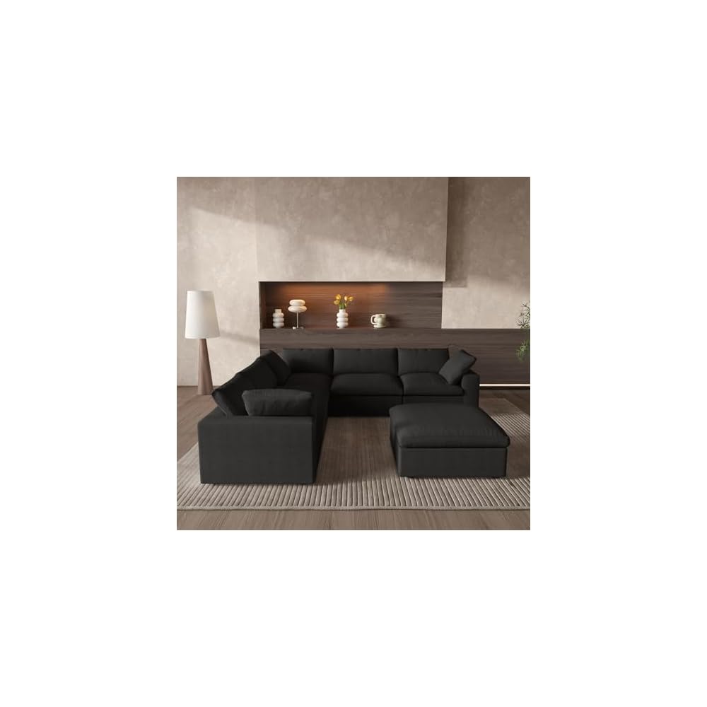 Cloud Couch Modular Sectional Sofa with Storage Ottomans,160.6" Down Filled 6 Seater Convertible Sectional Sofas,V Shaped Black Couch for Living Room,Covers Washable&Replaceable