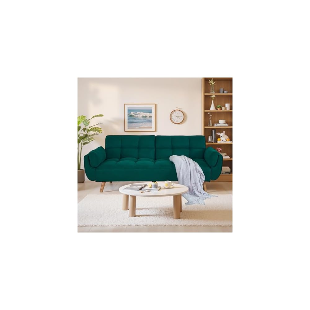 Convertible Futon Couch Bed, Sleeper Sofa Bed with Adjustable Backrests, Linen Futon Sofa 3 Seater Comfy Couch for Small Spaces, Living Room, Bedroom(Green, 75")