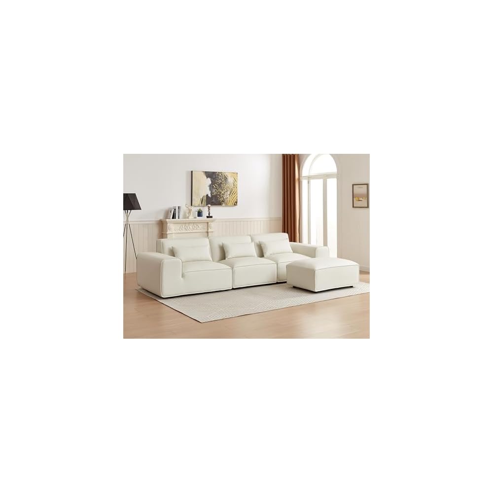 134" Oversized Minimalist-Modern Modular Sectional Sofa, Low Profile Feather Deep Seats Upholstered in Imitation Leather, White