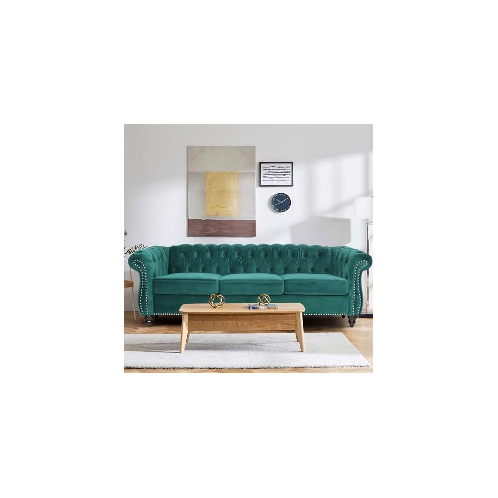 Home Sofa Living Room Furniture, 3 Seater 84" Velvet Upholstered Couch, Mid Century Modern Comfy Couch with Cushions, Classic Tufted Chesterfield Couches for Bedroom, Office, Apartment (Green)