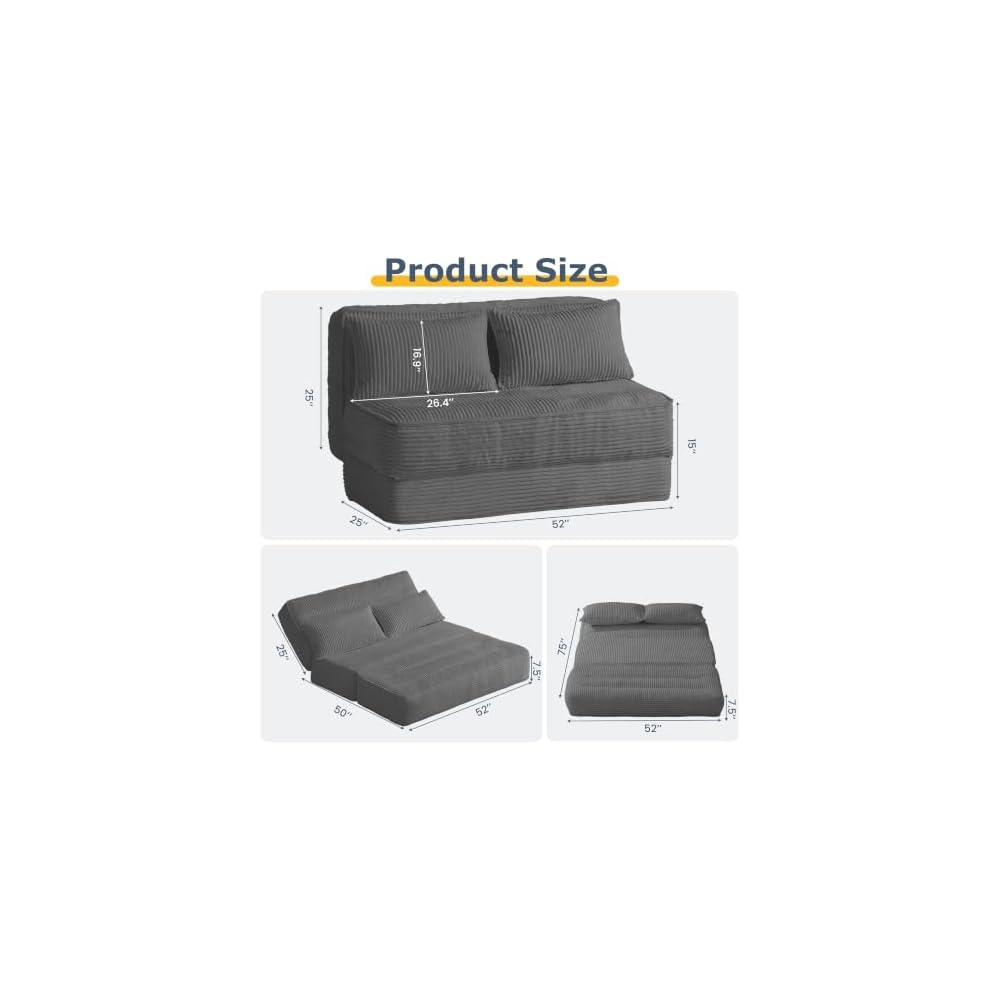 Convertible Boneless Sofa Bed with Fixed Frame,Boneless Loveseat Sleeper with 5-Position Adjustable Backrest & Thickened Cushion,Futon Couch with 2 Pillows for Bedroom,Small Spaces,Grey