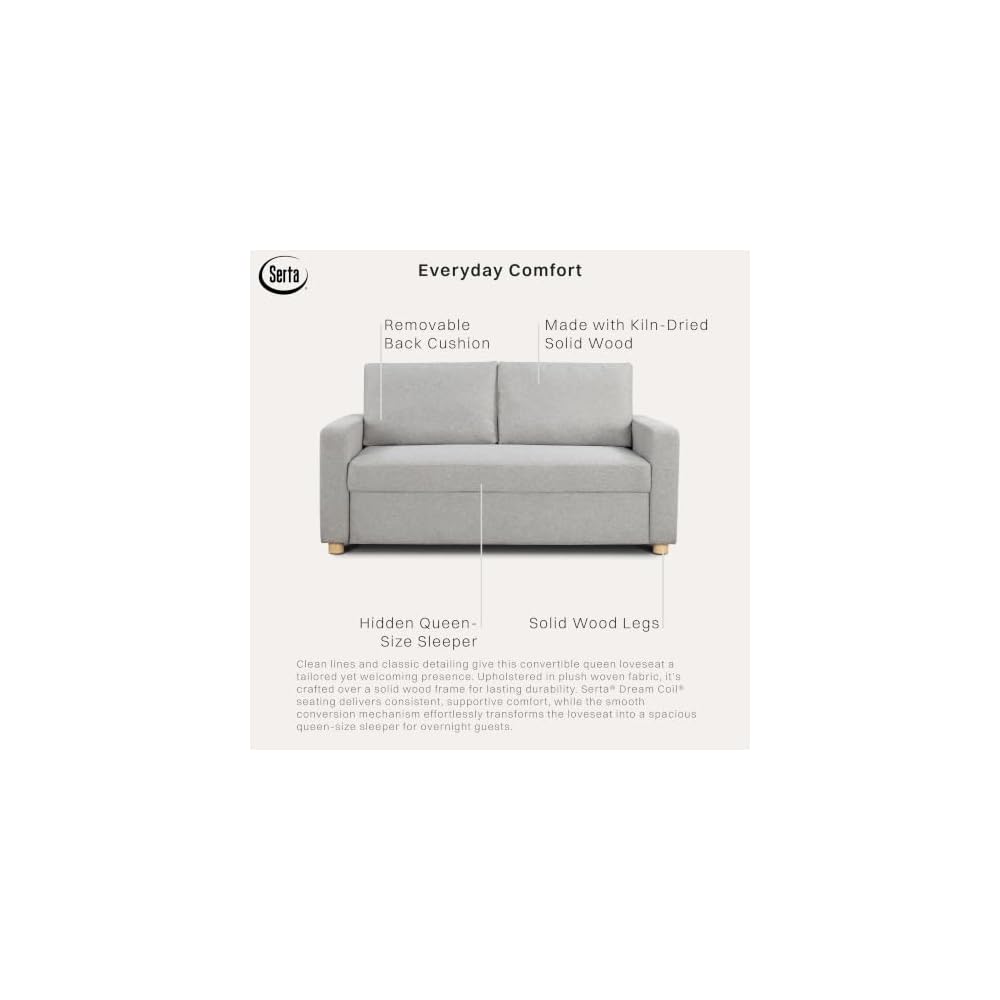 Tulsa 72" Convertible Sleeper Loveseat, Queen Size, Dreamcoil Comfort, FingerGuard Pinch Point Protection, Woven Fabric, Light Gray
