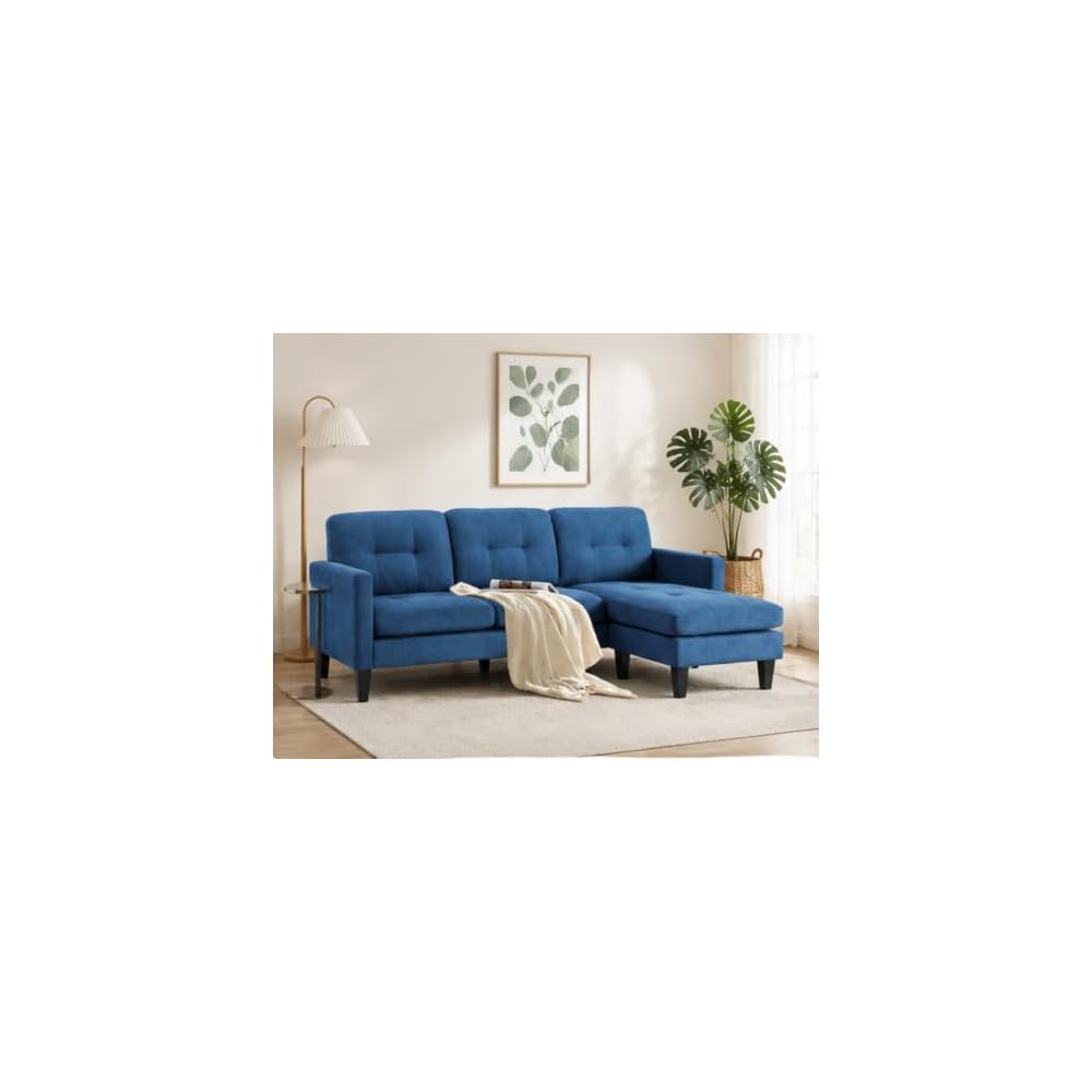 74'' L Shaped Small Couch with Chaise, Lounge Sectional Couch with Movable Ottoman, Sleeper Sofa for Apartment Size, Small Sectional for Living Room, Office, Guest Room & Small Spaces, Blue