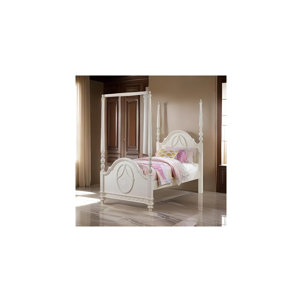 Dorie Full Size Poster Bed, Embossed Floral and Oval Molding, Ivory