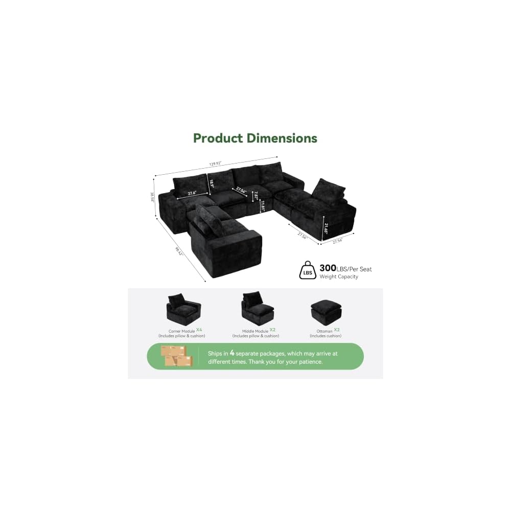 130" U Shaped Modular Sectional Sofa, 8 Seat Cloud Couch, Black