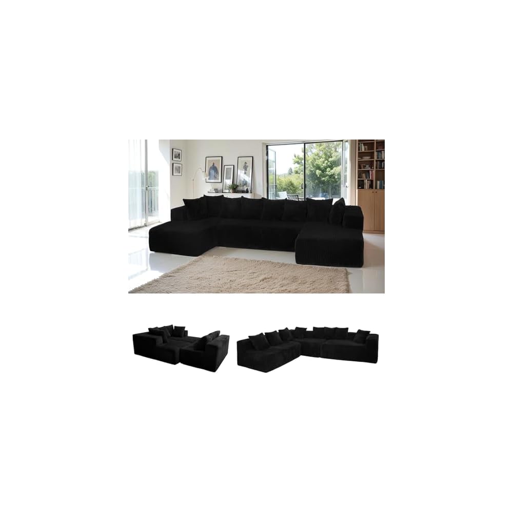 130" Modular Boneless Couch Convertible Sleeper Sofa Corduroy Sectional Sofa for Living Room Modern Cloud Couch with Deep Seat Chaise Comfy Oversize 4-6 Seat No Assembly (Black)