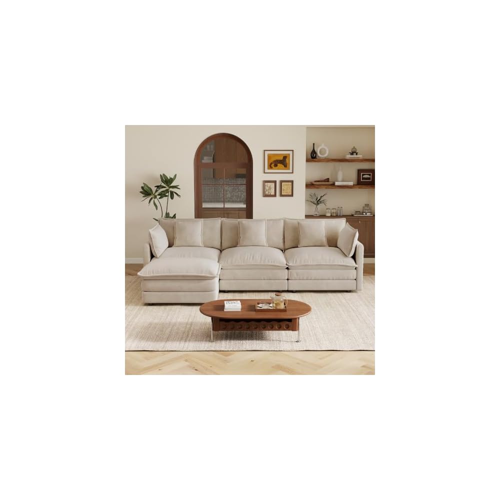 103.8" L-Shaped Modular Sectional Couch with Ottoman, Cloud Sofa